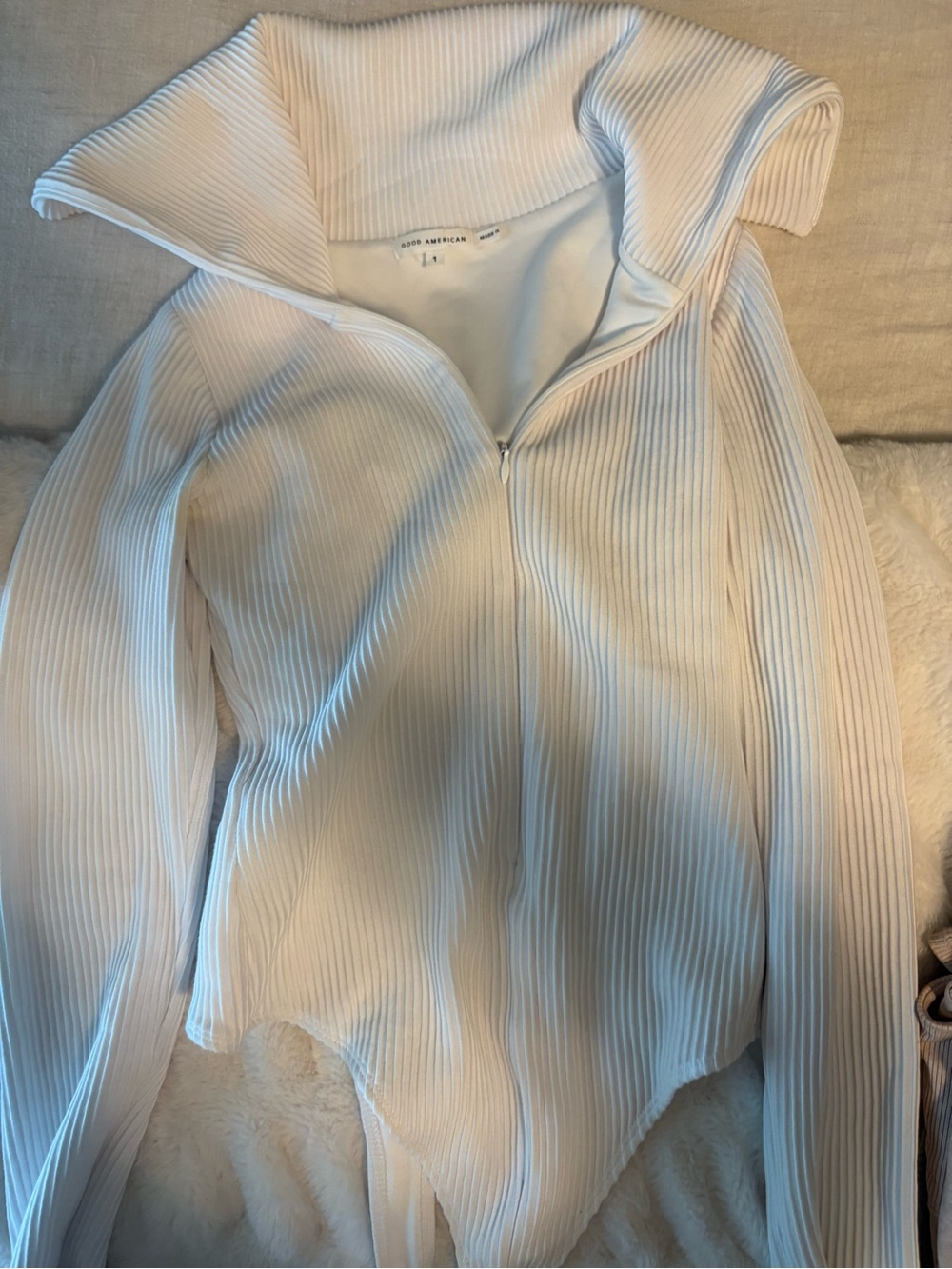 Good American Cream Ribbed Half-Zip Bodysuit